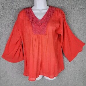 525 America Womens Top Size Medium  Orange Crochet Bodice V Neck Bell Sleeves